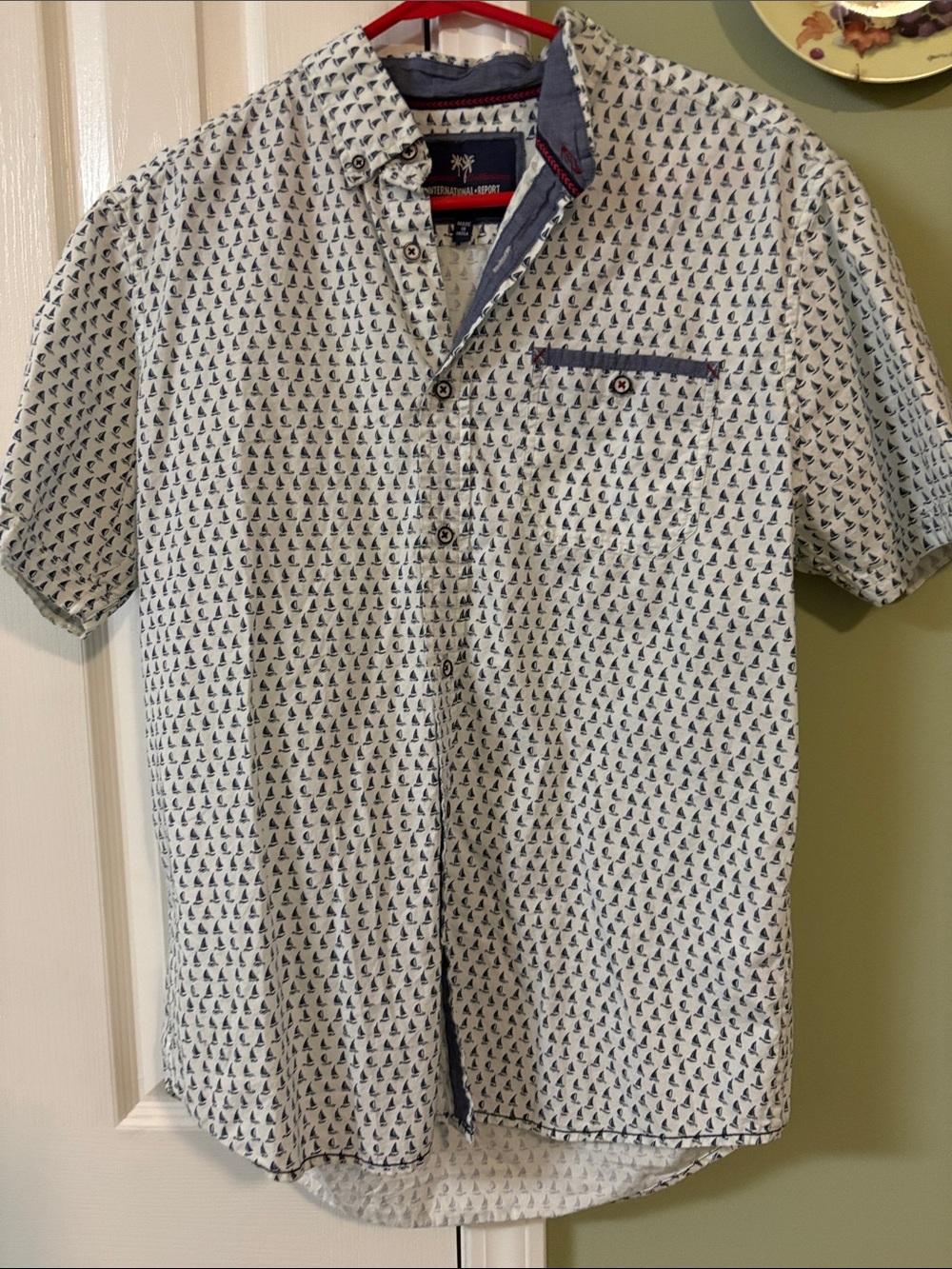 Casual Button-Down Shirt in White with Navy Sailboat Print